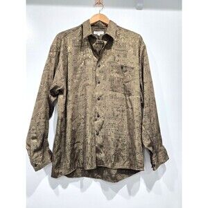 Vtg 90s Montello‎ Abstract Olive Green Shiny Button Up Shirt Size L